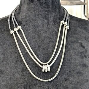 White House Black Market Braided Leather/Rhinestone/Silver Tone Necklace